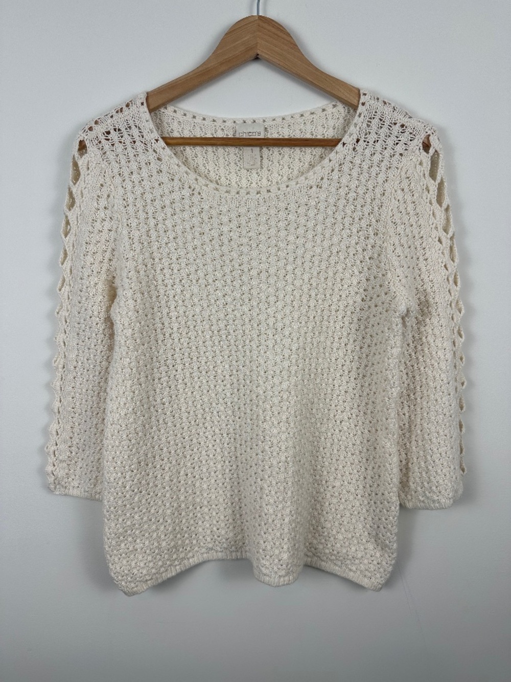 Chico’s Ivory Ramie Open Knit Crochet Sleeve Sweater Size 1 Medium